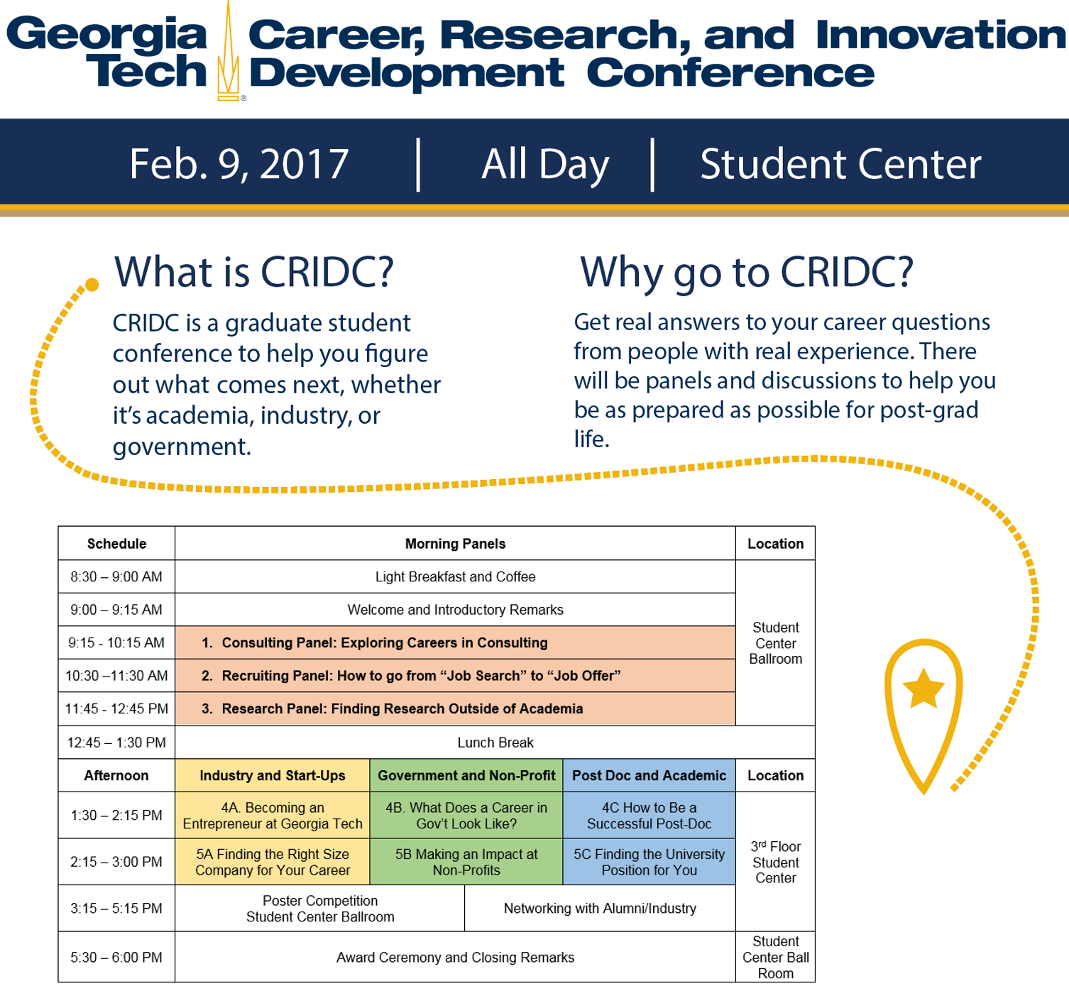 The Career, Research, and Innovation Development Conference (CRIDC) will be held February 9, 2017 in the Student Center Ballroom.