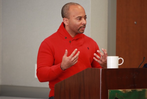 Raheem Beyah, Motorola Foundation Professor and associate chair for strategic initiatives and innovation in the School of Electrical and Computer Engineering, speaks to Focus Program participants during an alumni panel. Beyah is a 1997 Focus Scholar.