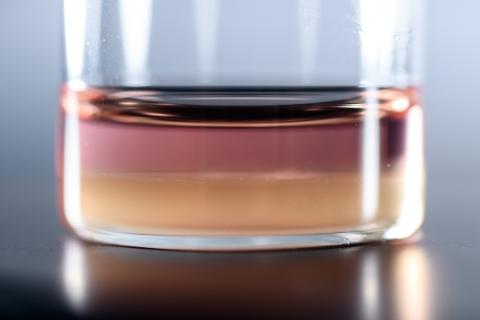In a vile three watery solutions phase separate into three layers. In membraneless organelles, chemical reactions occur at the interfaces of such layers, processing a reactant step-by-step and moving the reaction product from one layer to the next. Credit: Georgia Tech / Rob Felt