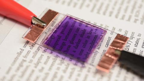 Electrochromic polymers developed at the Georgia Institute of Technology can be switched from a colored state to a clear state in seconds, using an electrical potential. (Credit: Rob Felt)