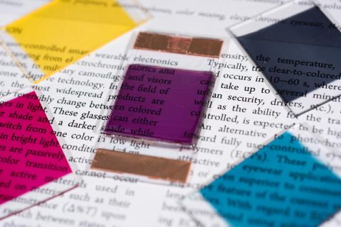 Samples show some of the colors researchers have produced in electrochromic polymers. The materials can be used for applications such as sunglasses and window tinting that can be turned on and off through the application of an electrical potential. (Credit: Rob Felt)