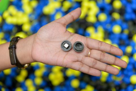 Georgia Tech researchers used 3D printing techniques to create hollow spheres in which loose magnets were placed. The spheres simulated moist soil for testing the work strategies of robots. (Credit: Rob Felt, Georgia Tech)