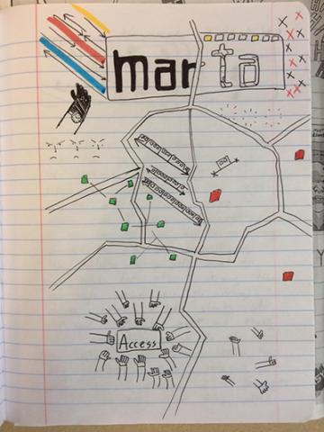 Sketchnote from Josh Landis based on student poster presentations about urban development issues, including access to public transportation.