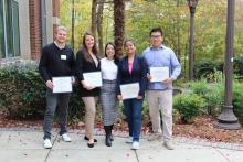 Pictured (from left to right): Nicolas Somers, Best Lightning Talk Overall, Gulcin Arslan Azizoglu, Best Research Talk Overall, Karena Nguyen, Assistant Director for Postdoctoral Services, Namrata Dey Roy, Best Talk from the Ivan Allen College of Liberal Arts, Zhe Guang, Best Research Talk from the College of Engineering.